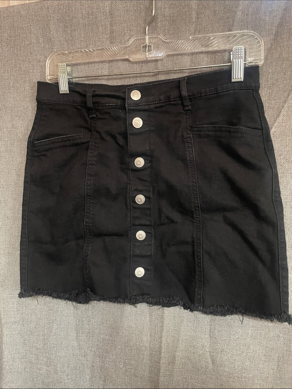 Y2K Grunge Black Denim Button Front Mini Skirt Raw Frayed Hem